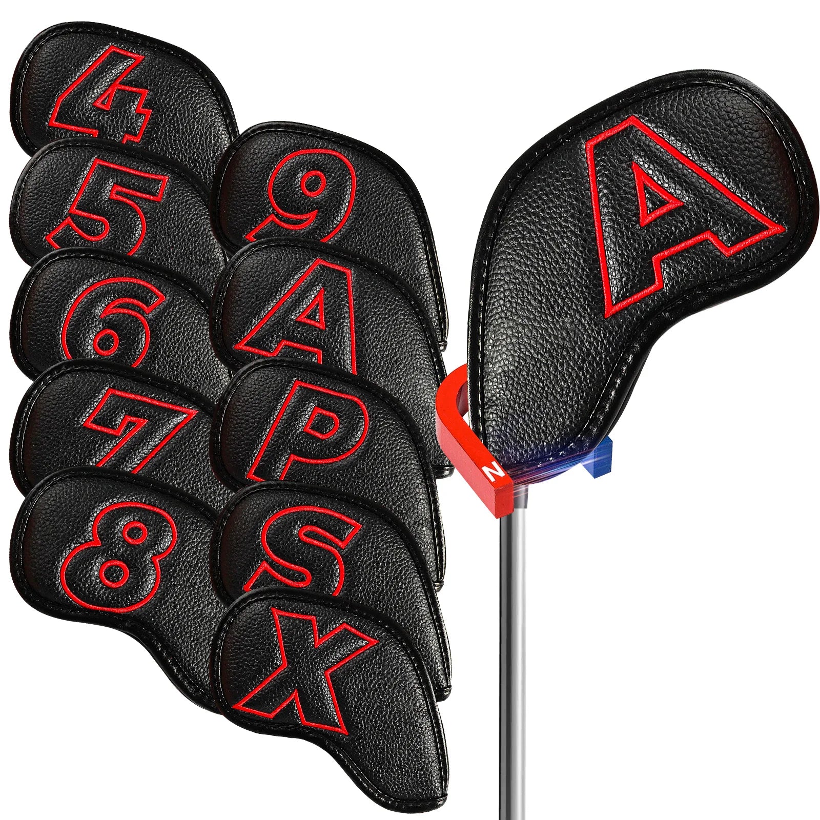 Golf Iron Covers Set Strong Magnetic Closure Value 10 Pack, Double Side Number Synthetic Leather Deluxe Club Headcover