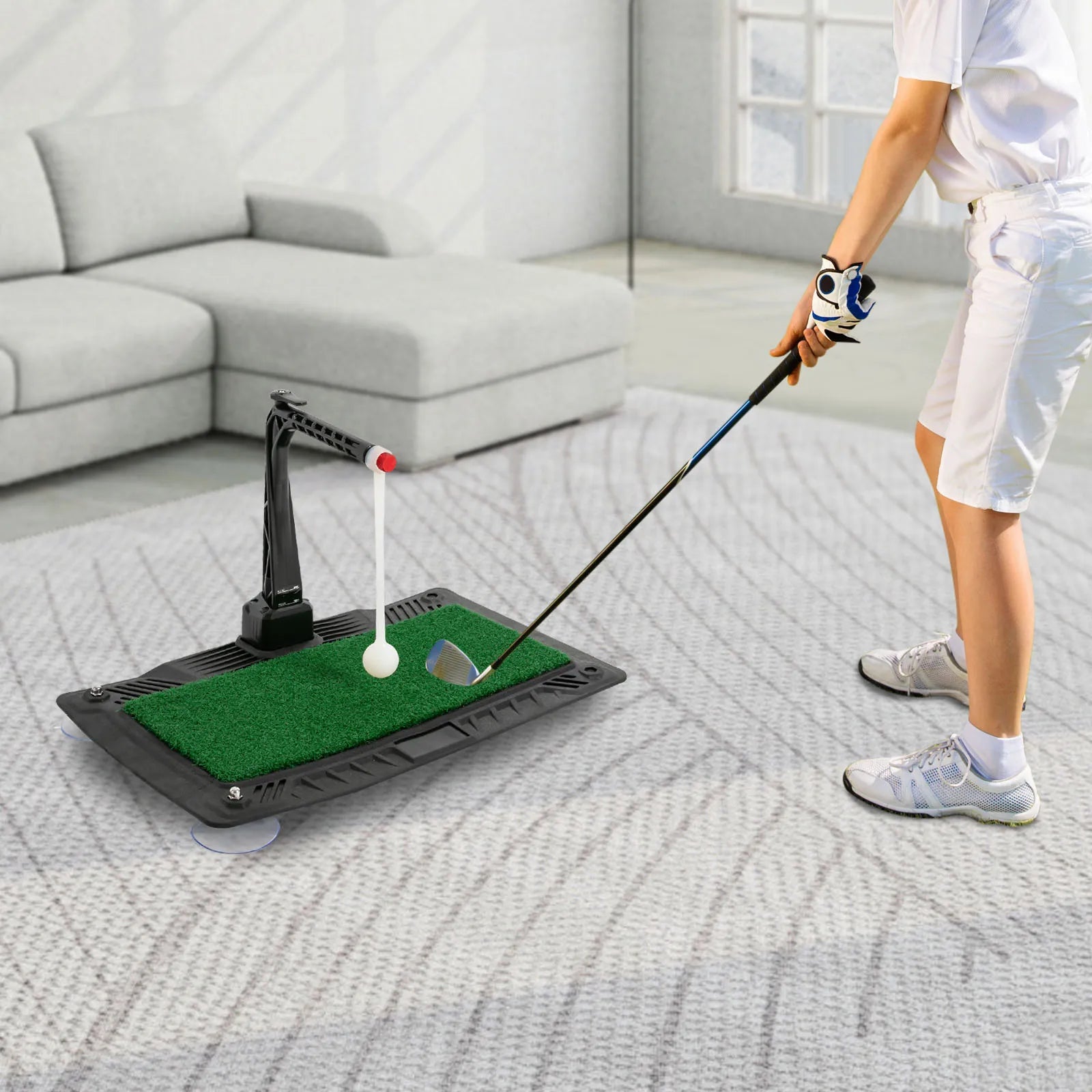 Golf Practice Swing Trainer Adjustable Height, 360° Automatic Ball Return Training Aid With Grass Mat, Portable Swing Corrector for Indoor & Outdoor