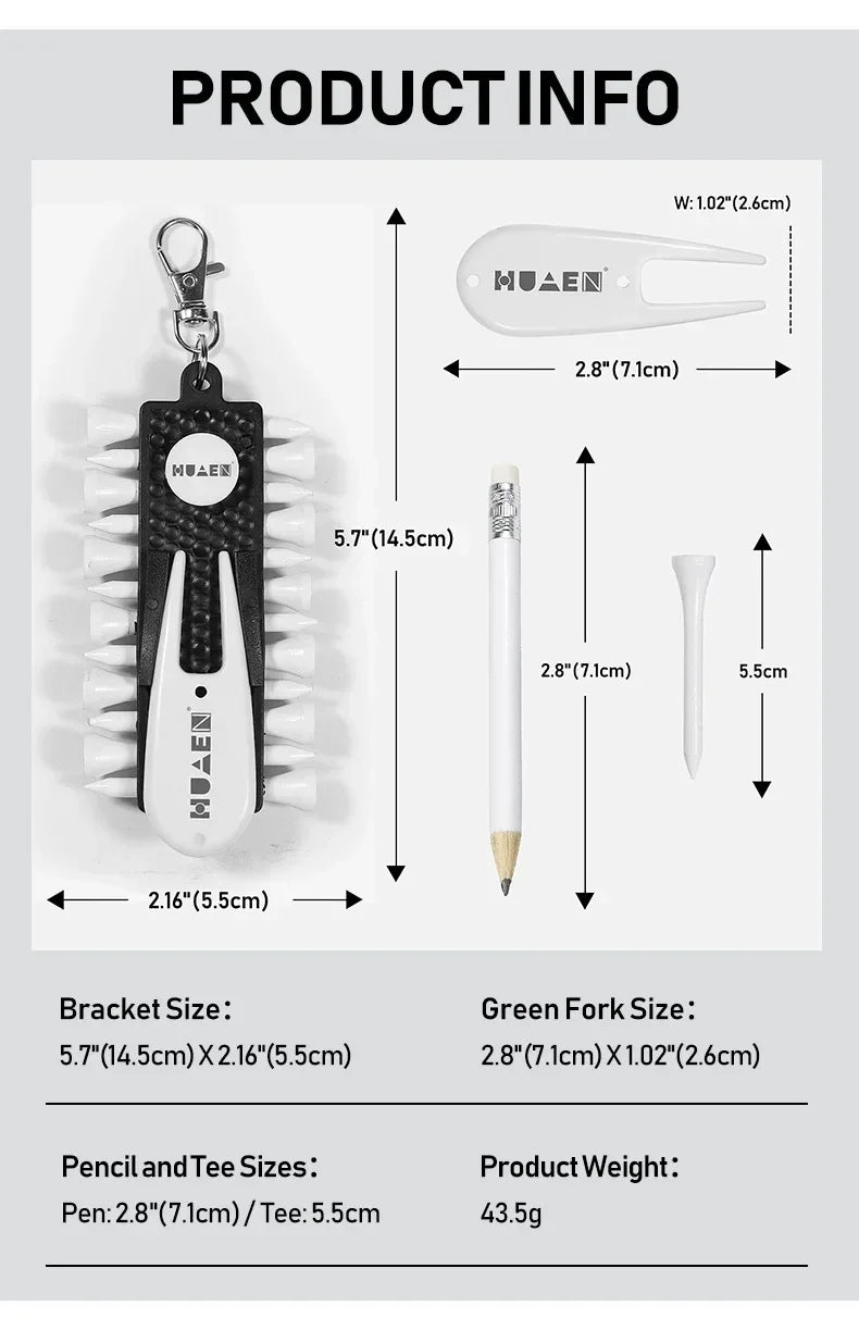 Golf Tees Rack with 12pcs Tees Green Fork and Pencil Portable Golf Accessory Storage Device