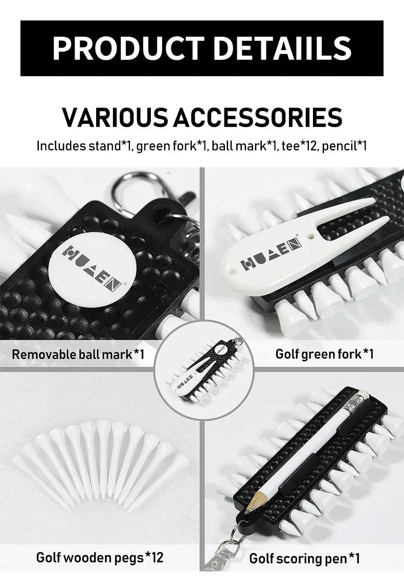 Golf Tees Rack with 12pcs Tees Green Fork and Pencil Portable Golf Accessory Storage Device