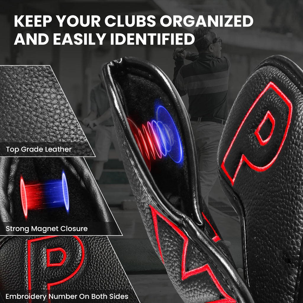 Golf Iron Covers Set Strong Magnetic Closure Value 10 Pack, Double Side Number Synthetic Leather Deluxe Club Headcover