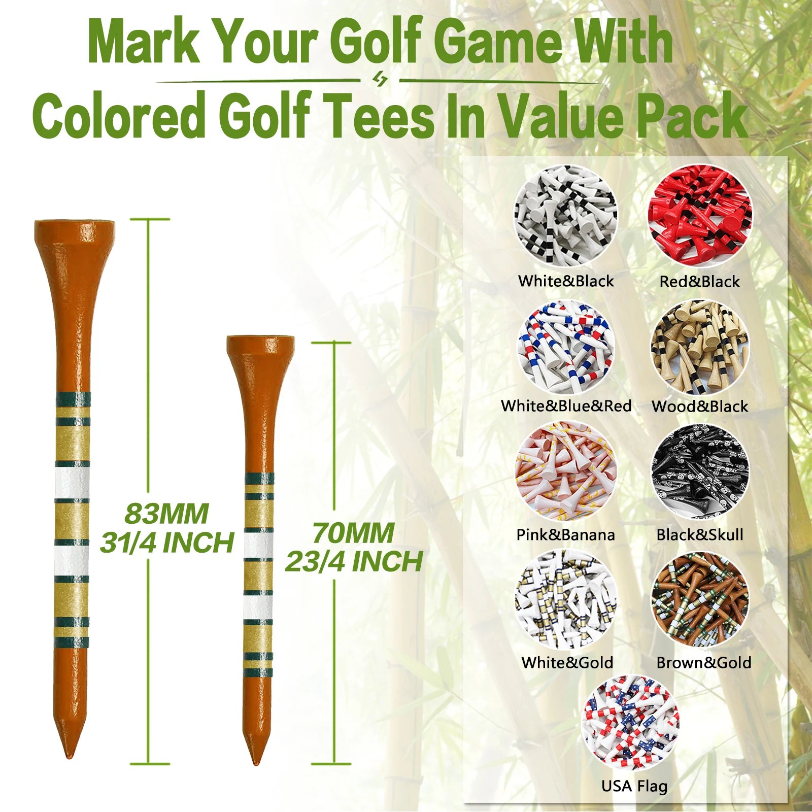 50 Pcs Bamboo Golf Tees - 3 1/4 & 2 3/4 Inch Durable Wooden Tees for Driving Range & Practice Mats
