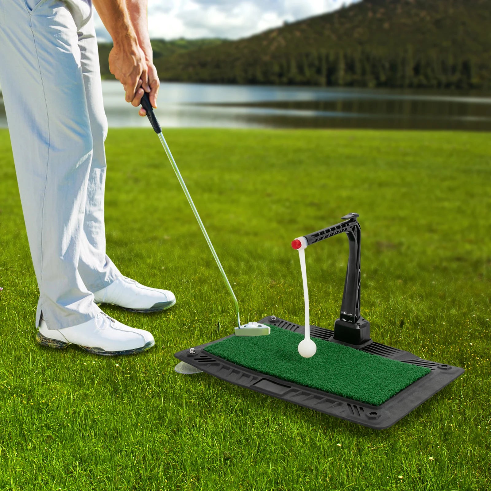 Golf Practice Swing Trainer Adjustable Height, 360° Automatic Ball Return Training Aid With Grass Mat, Portable Swing Corrector for Indoor & Outdoor