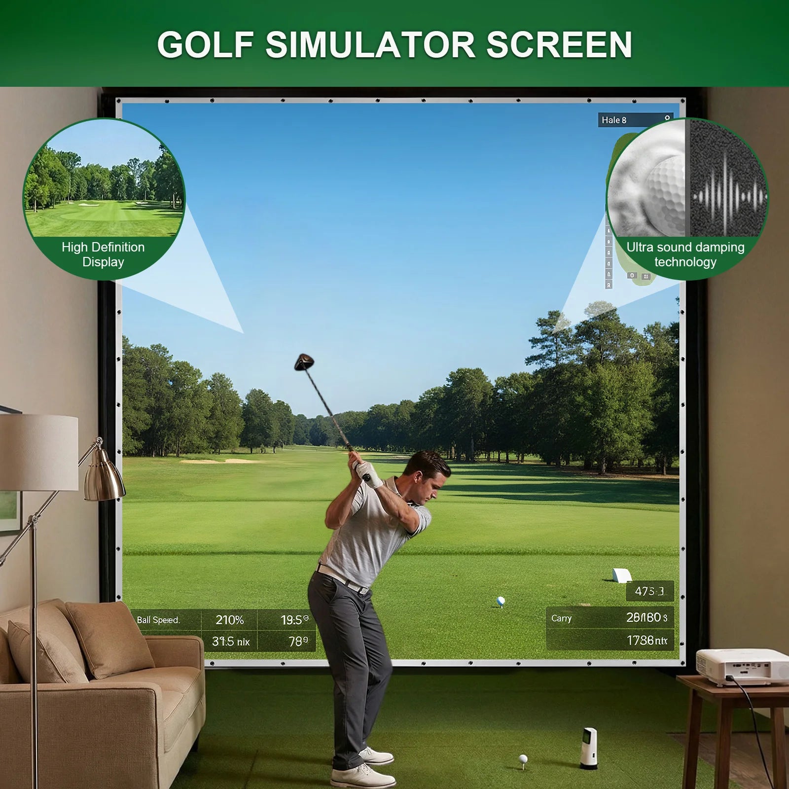 Golf Simulator Impact Screen Easy To Install 3x3m Golf Screen High Impact Resistance Single Layer Sound Absorbing