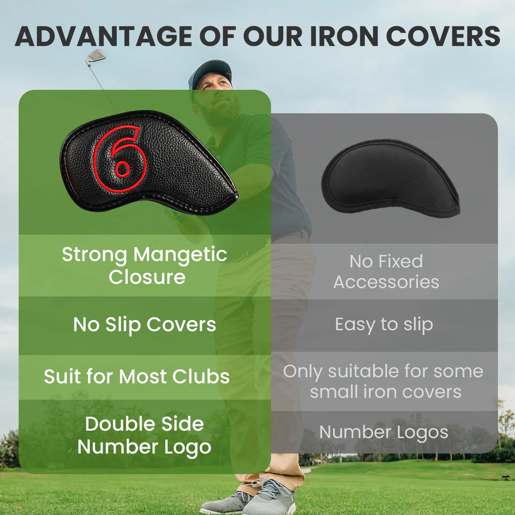 Golf Iron Covers Set Strong Magnetic Closure Value 10 Pack, Double Side Number Synthetic Leather Deluxe Club Headcover