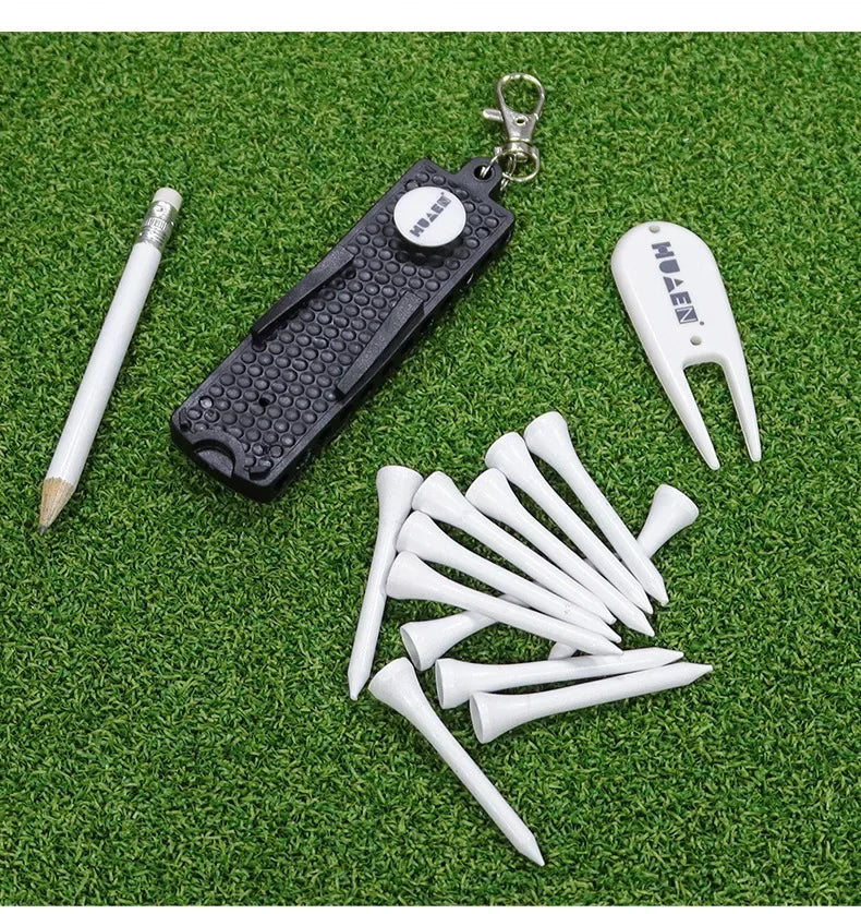 Golf Tees Rack with 12pcs Tees Green Fork and Pencil Portable Golf Accessory Storage Device