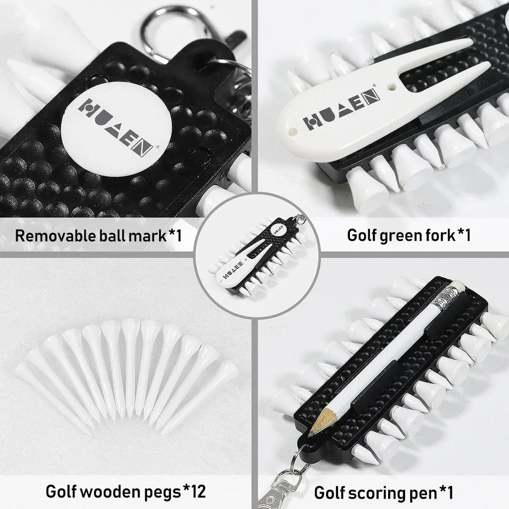 Golf Tees Rack with 12pcs Tees Green Fork and Pencil Portable Golf Accessory Storage Device