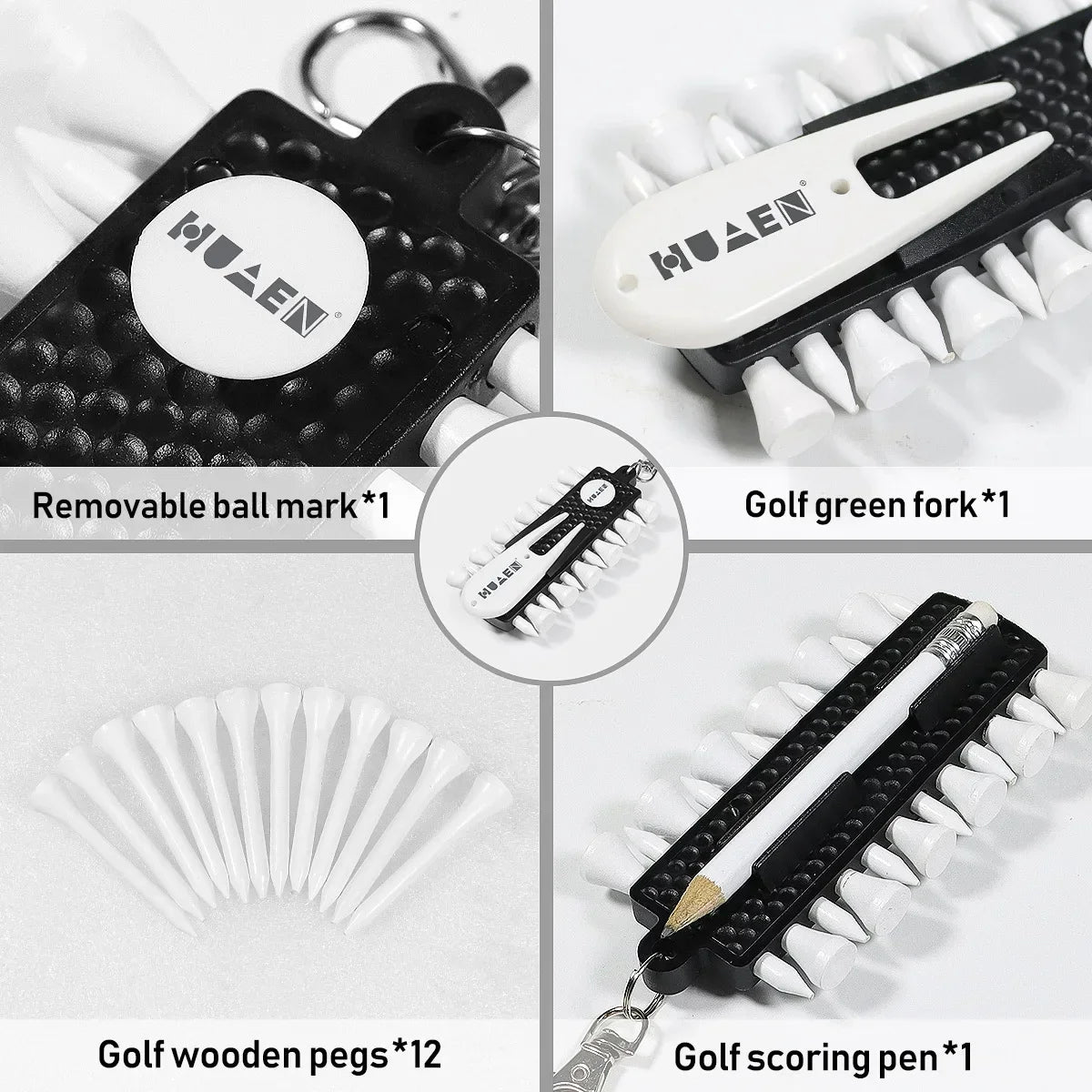 Golf Tees Rack with 12pcs Tees Green Fork and Pencil Portable Golf Accessory Storage Device