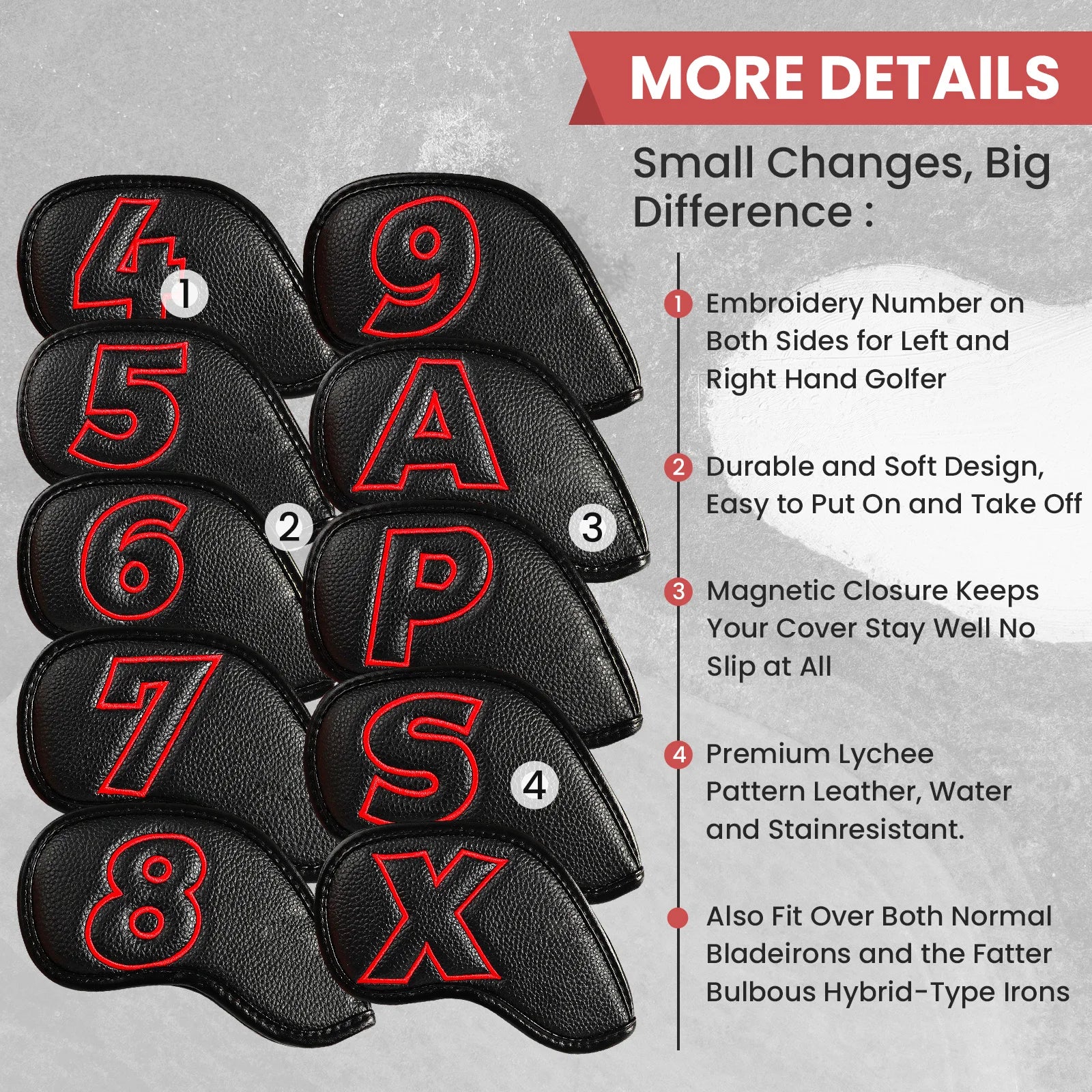 Golf Iron Covers Set Strong Magnetic Closure Value 10 Pack, Double Side Number Synthetic Leather Deluxe Club Headcover