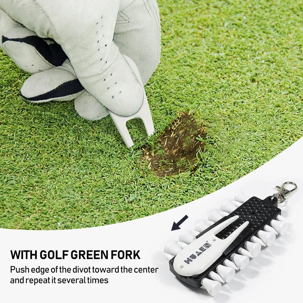 Golf Tees Rack with 12pcs Tees Green Fork and Pencil Portable Golf Accessory Storage Device